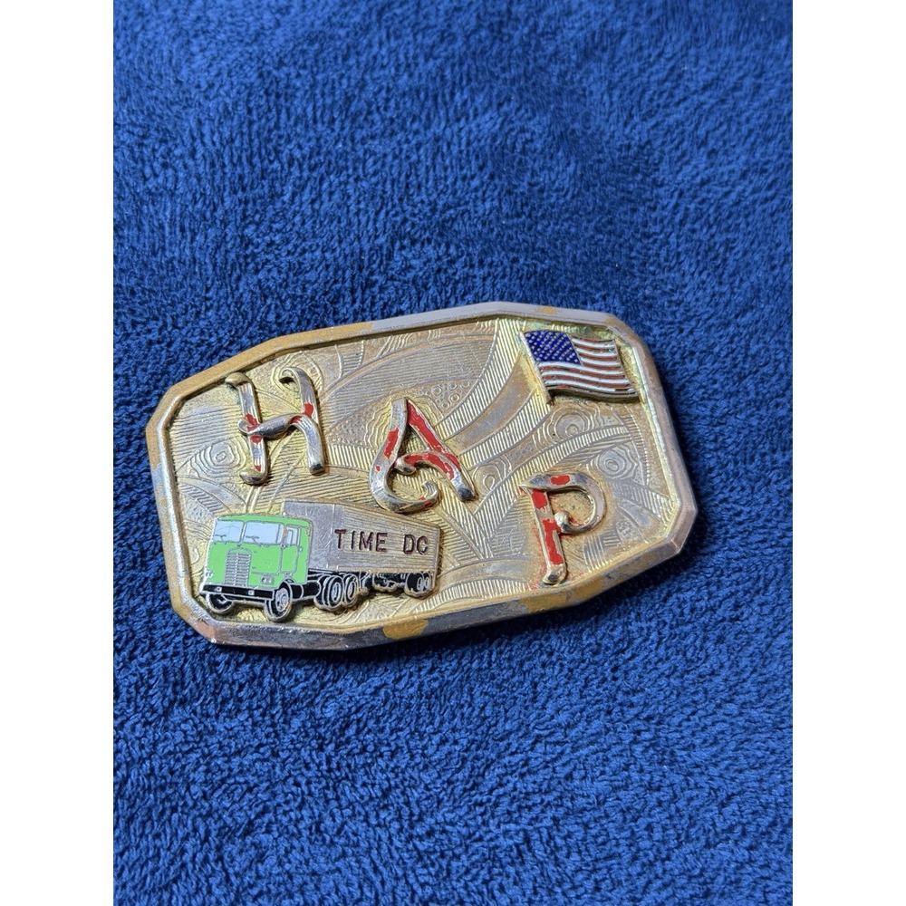Vintage Hook-Fast Trucker Belt Buckle Brass HAP TIME DC Semi Truck USA Made